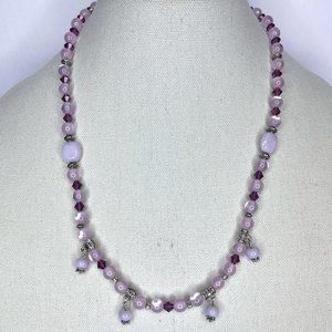 Pink & Purple Beaded & Crystal Drop Necklace